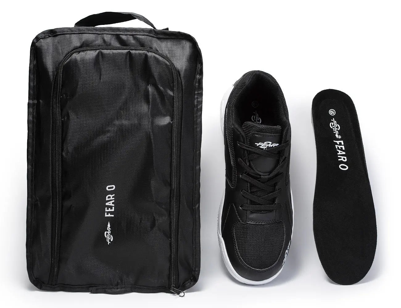 Black walking shoe with removable insole and reusable shoe bag on white background