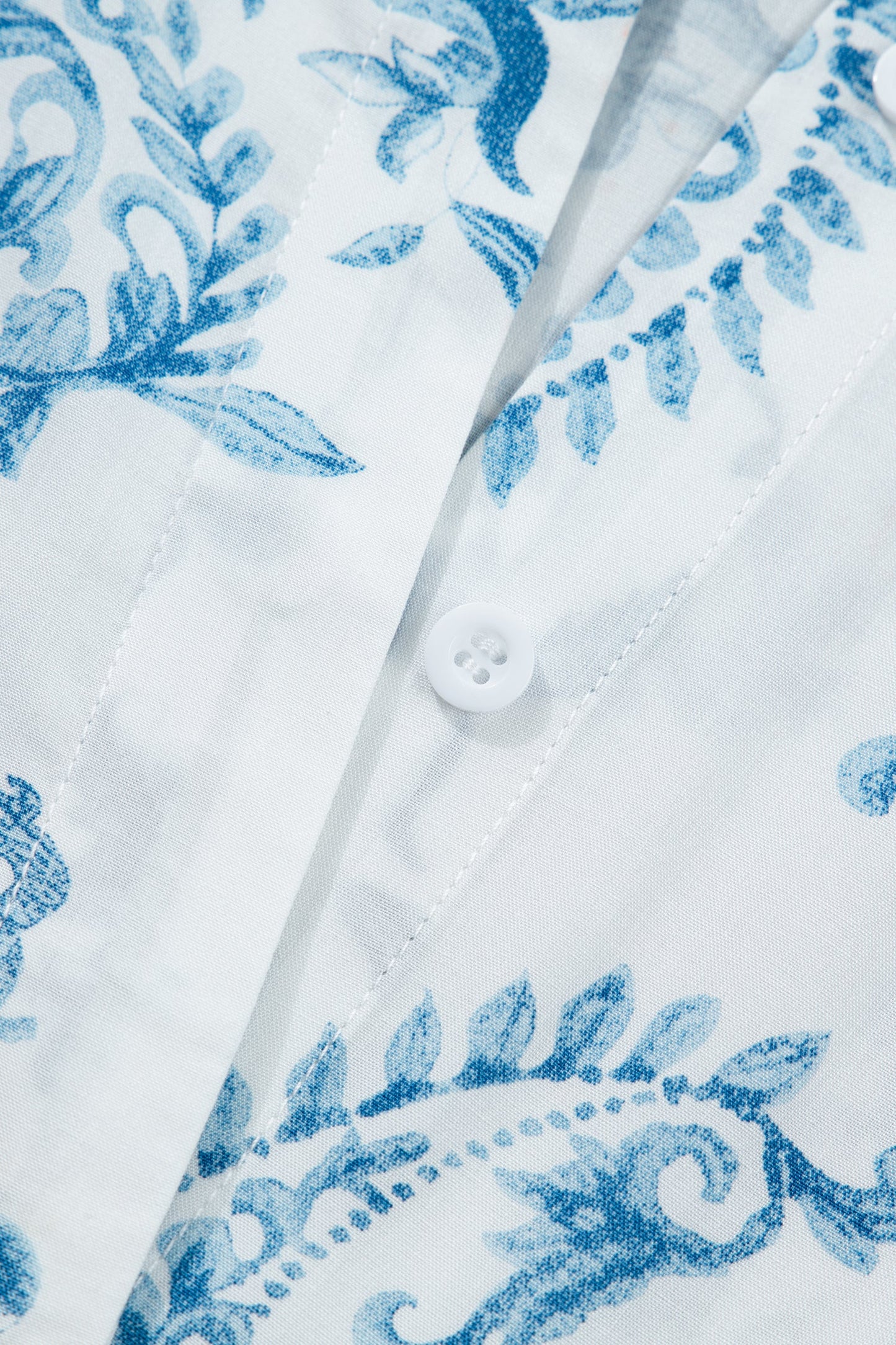 Sky blue floral print fabric with curved neckline and visible button placket