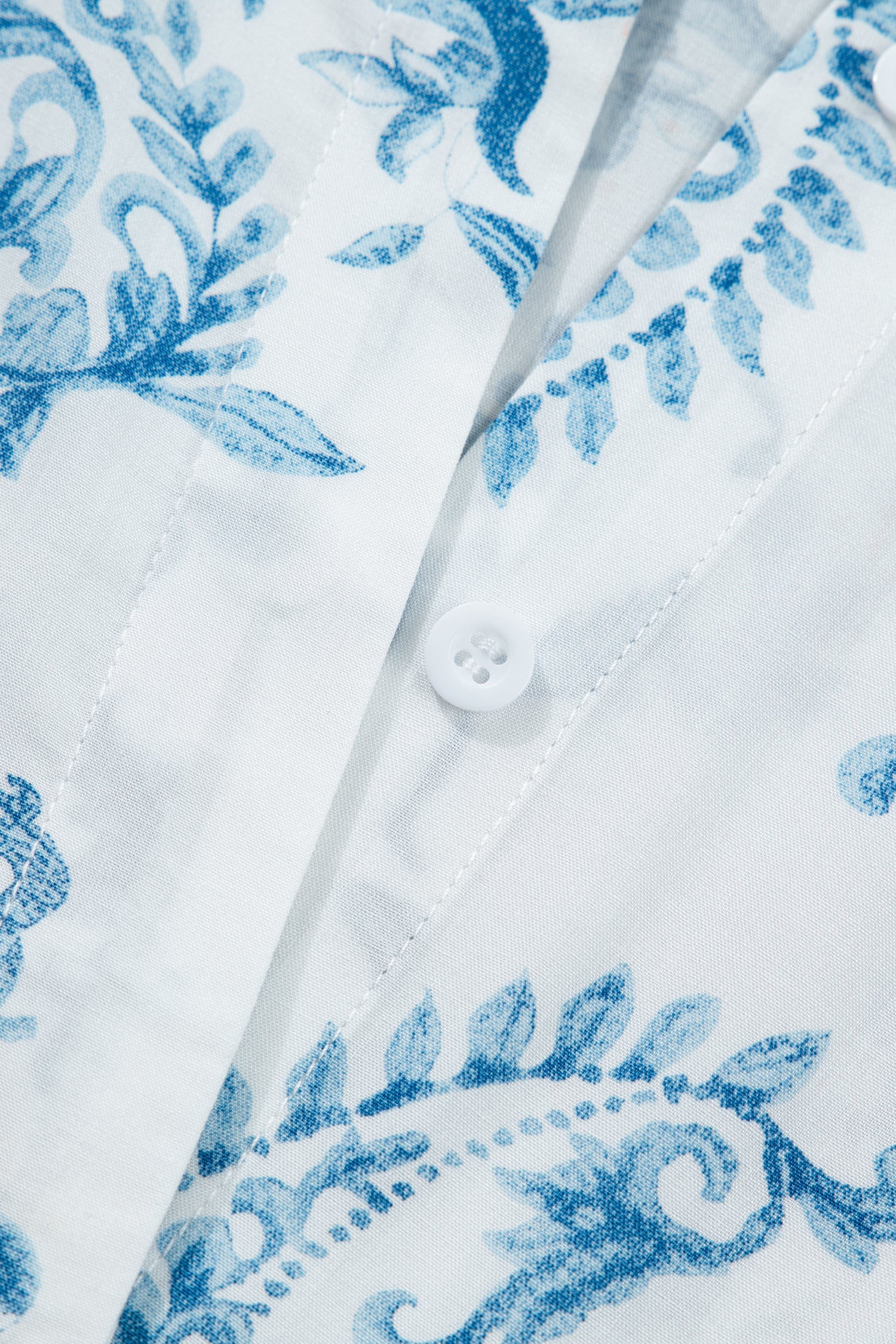 Sky blue floral print fabric with curved neckline and visible button placket