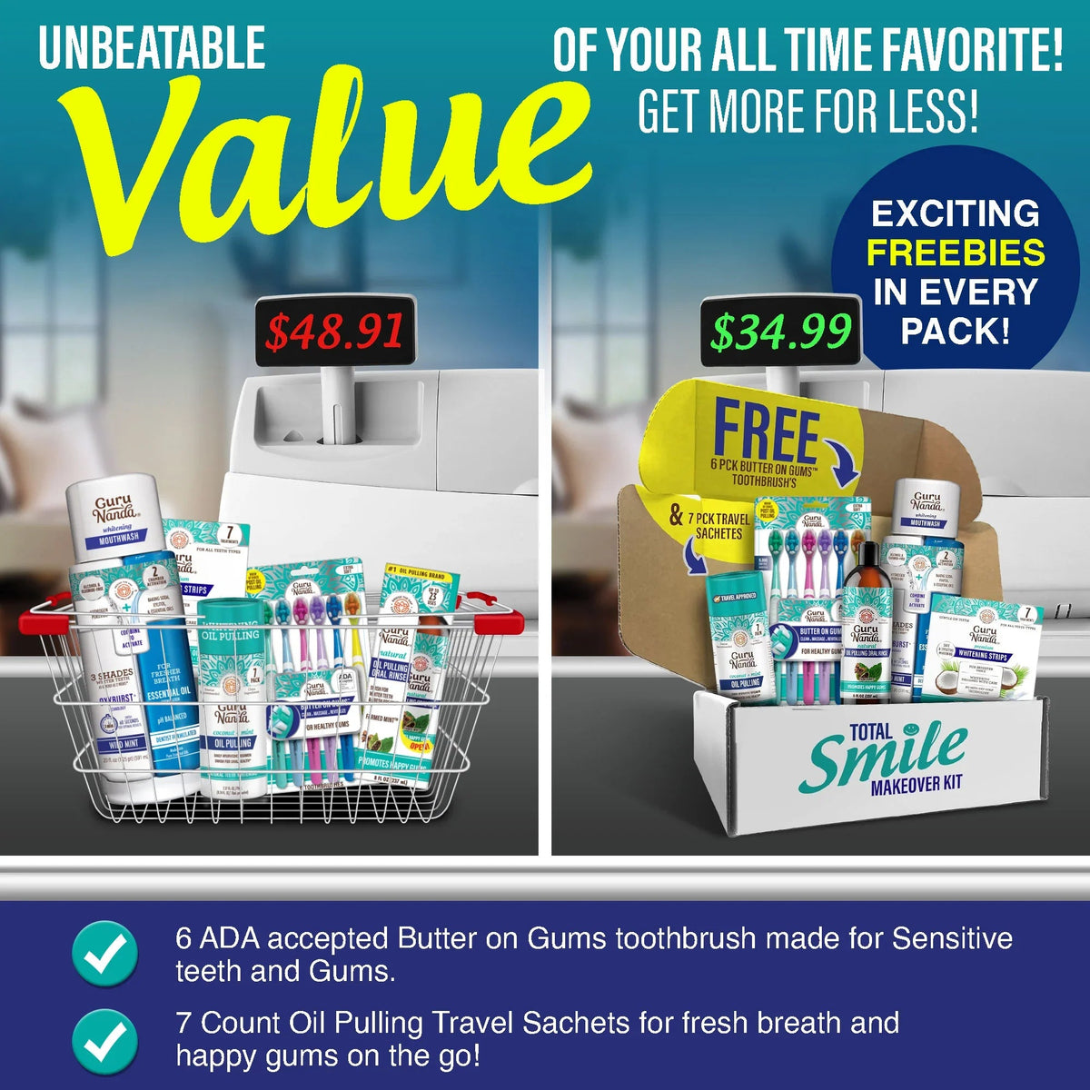 Value display for Total Smile Makeover Kit with promo card and product assortment