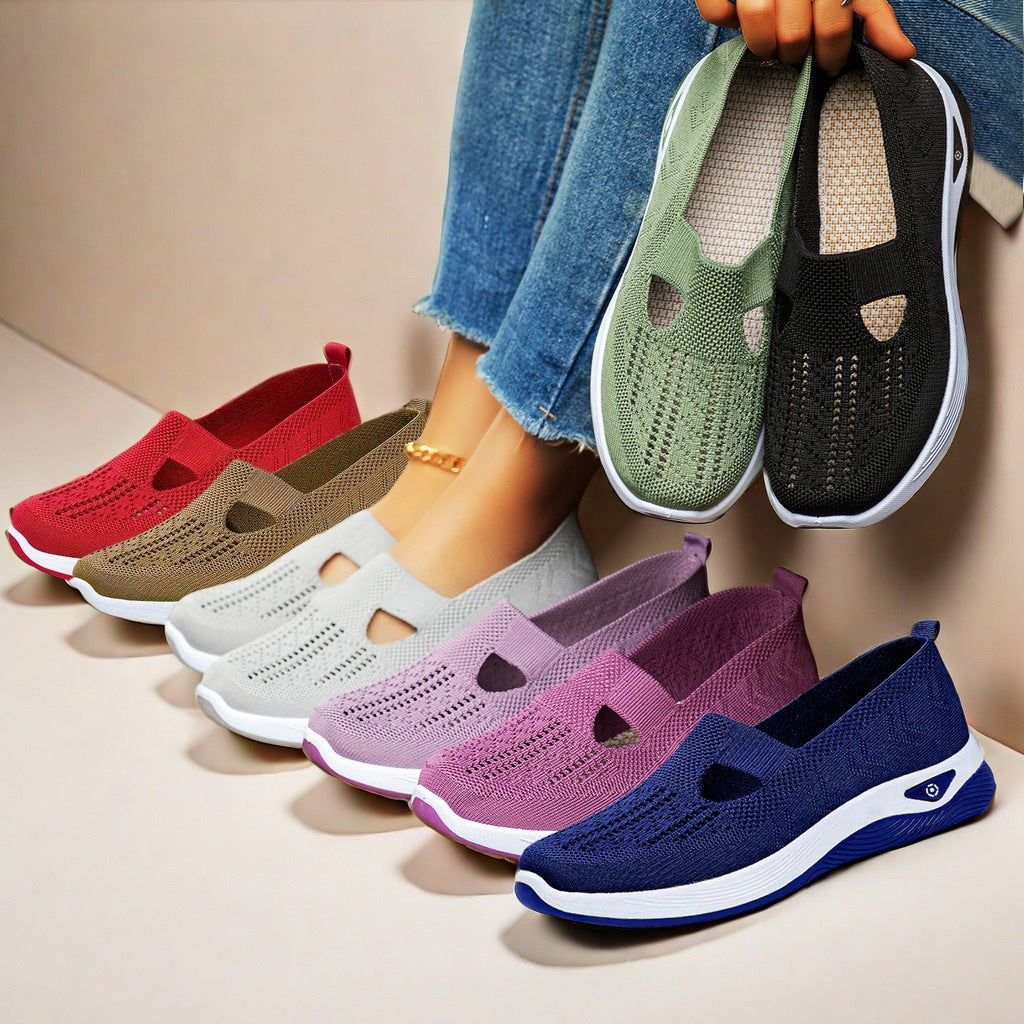 Set of mesh slip-on flats with oval cutouts, green black tan and purple colors