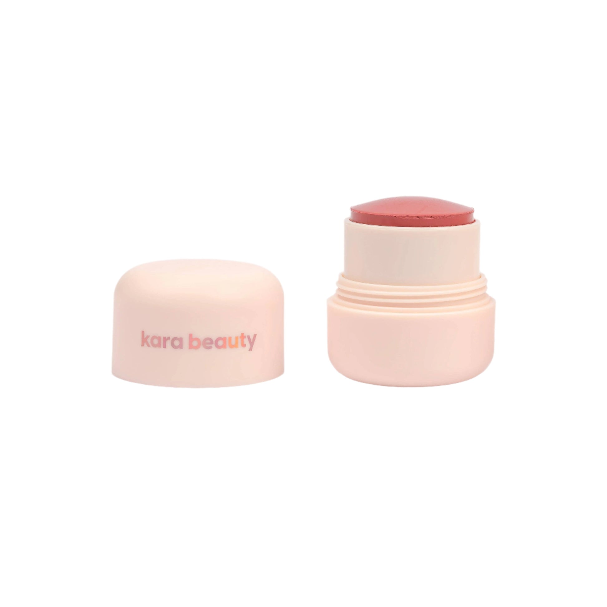 Blush cheek balm jar in pale pink with red cap; open lid and closed base shown