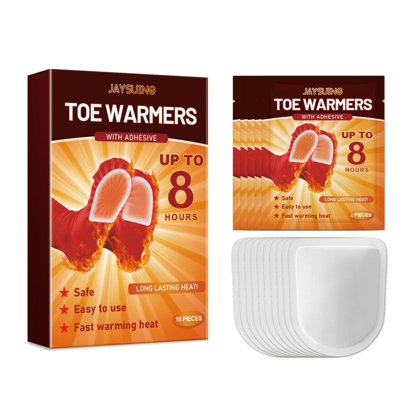 Adhesive toe warmer pads set with warming label on product box, up to 8 hours