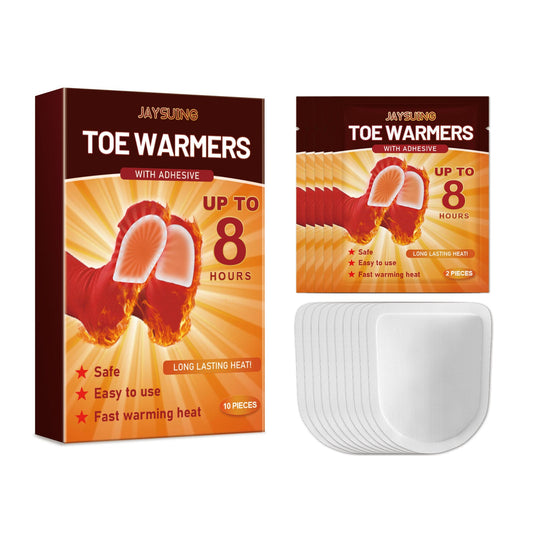 Adhesive toe warmer pads set with warming label on product box, up to 8 hours