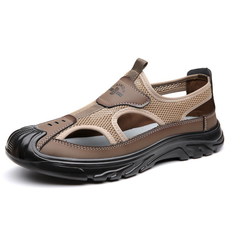 Men's tan-brown mesh cutout sandals with padded collar and black sole