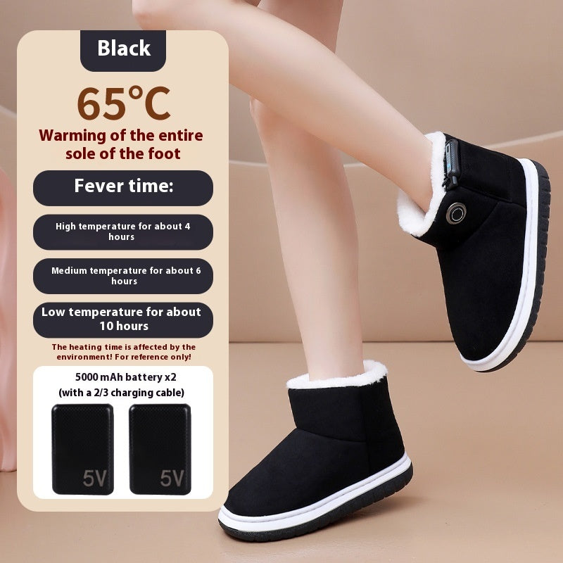 Black electric heated cotton boots with round control button and white sole