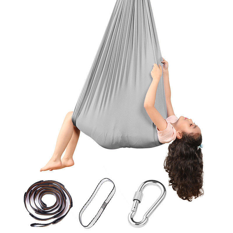Hanging hammock swing chair in silver gray with included rope, straps, and carabiners.