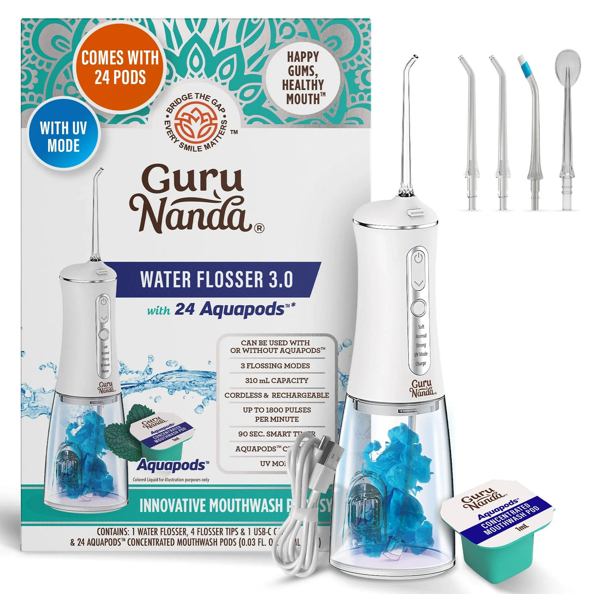 Guru Nanda water flosser 3.0 with UV and 24 Aquapods, plus refill tips set