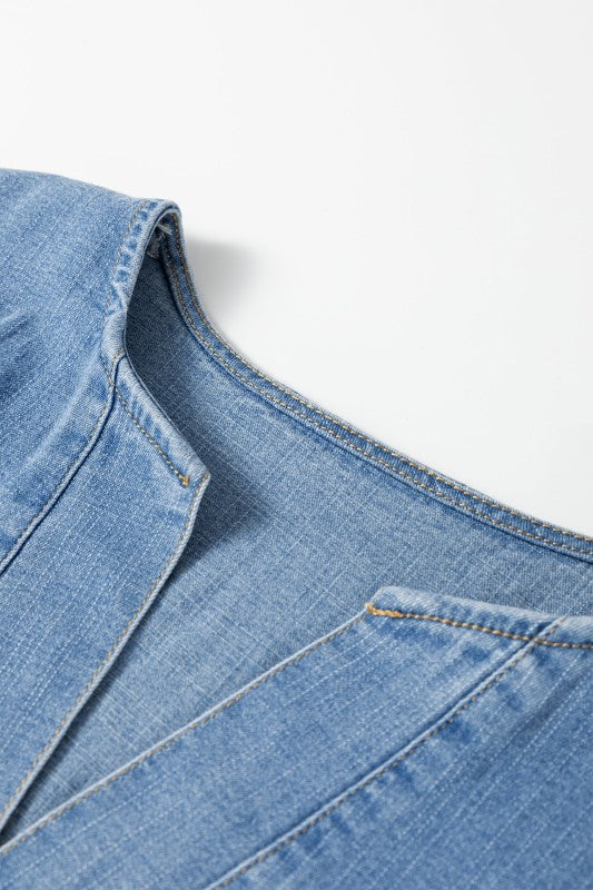 Denim mini dress V-neck placket and short sleeve seam, light blue