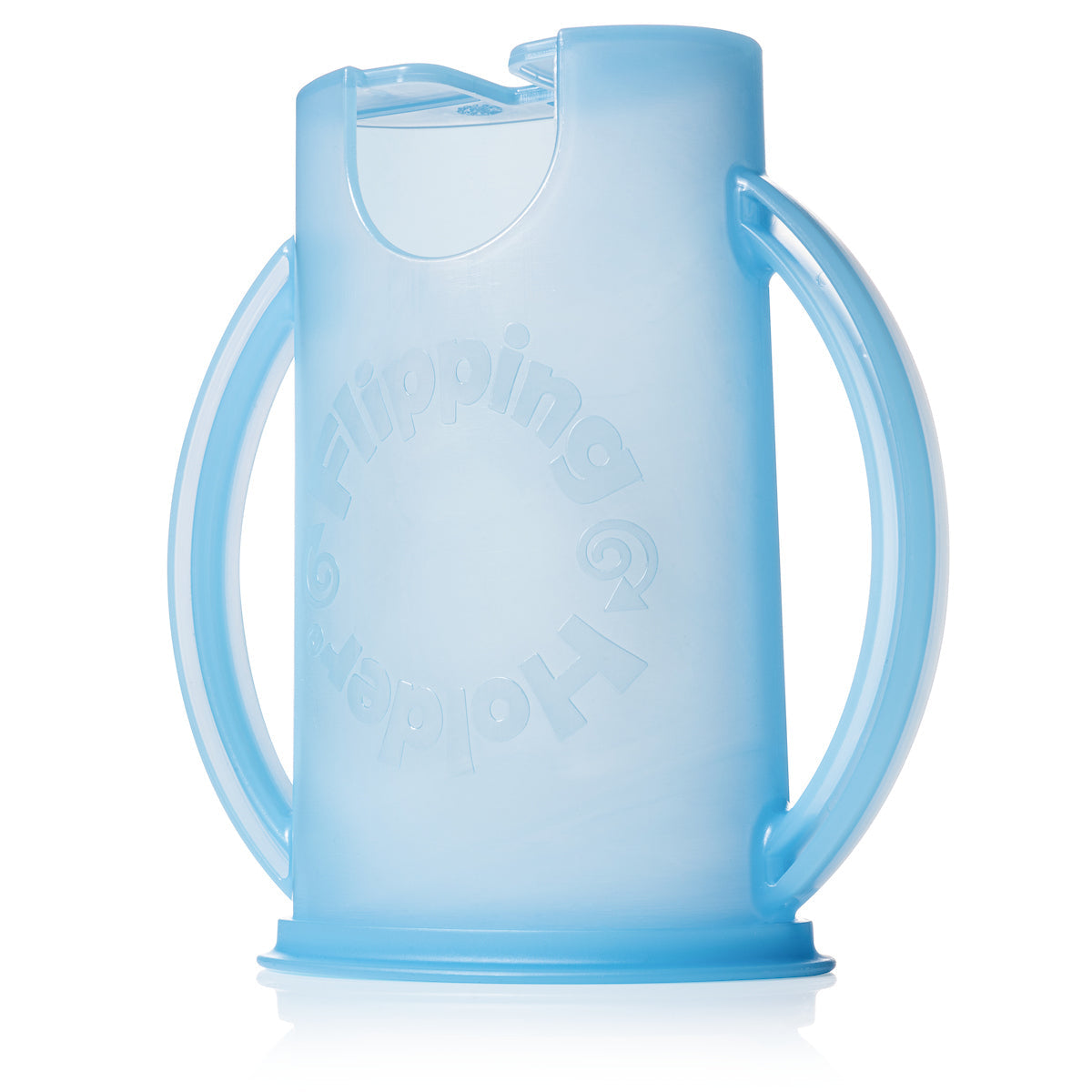 Blue plastic pouch holder with open hinged lid and side handles