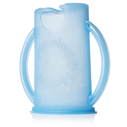 Blue plastic pouch holder with open hinged lid and side handles