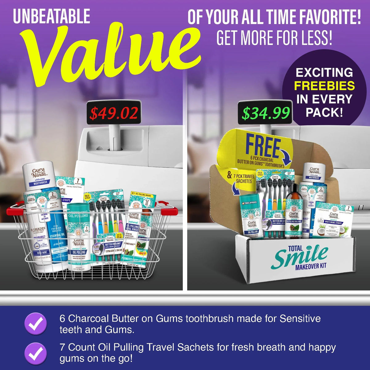 Charcoal smile makeover kit display with toothbrush, travel sachets, and whitening strips