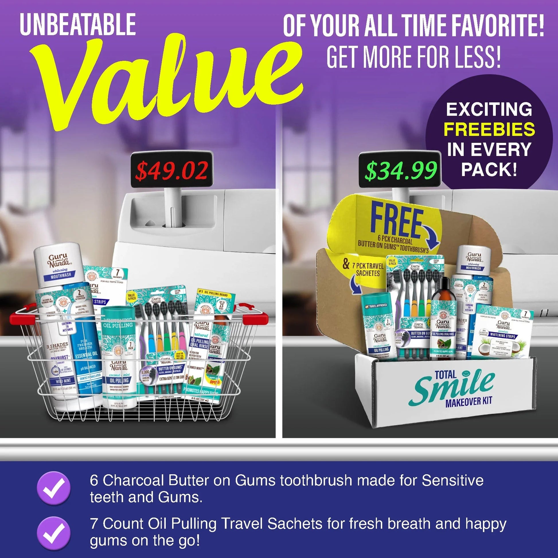 Charcoal smile makeover kit display with toothbrush, travel sachets, and whitening strips