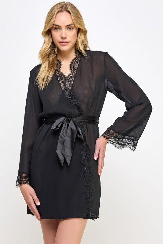 Black sheer robe with lace-trim V-neck and waist tie, long sleeves, short hem