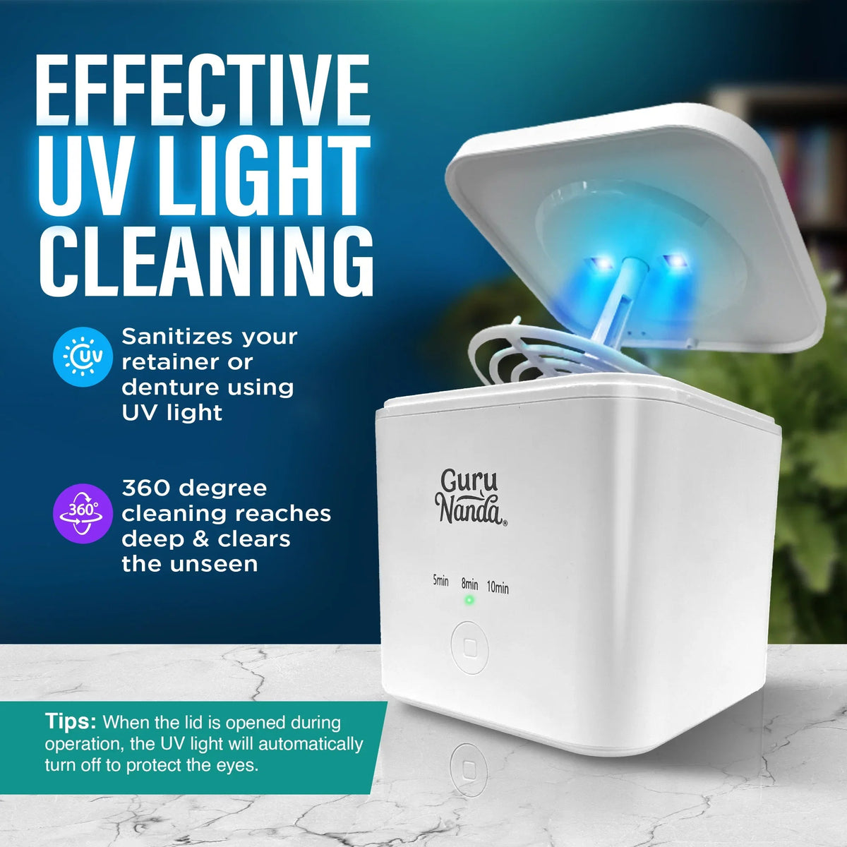 Ultrasonic retainer and denture cleaning pod with UV light on, white base and lid.