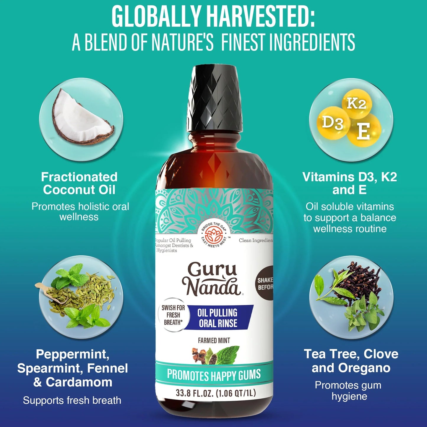 Guru Nanda oil pulling oral rinse bottle with teal label and vitamin icons