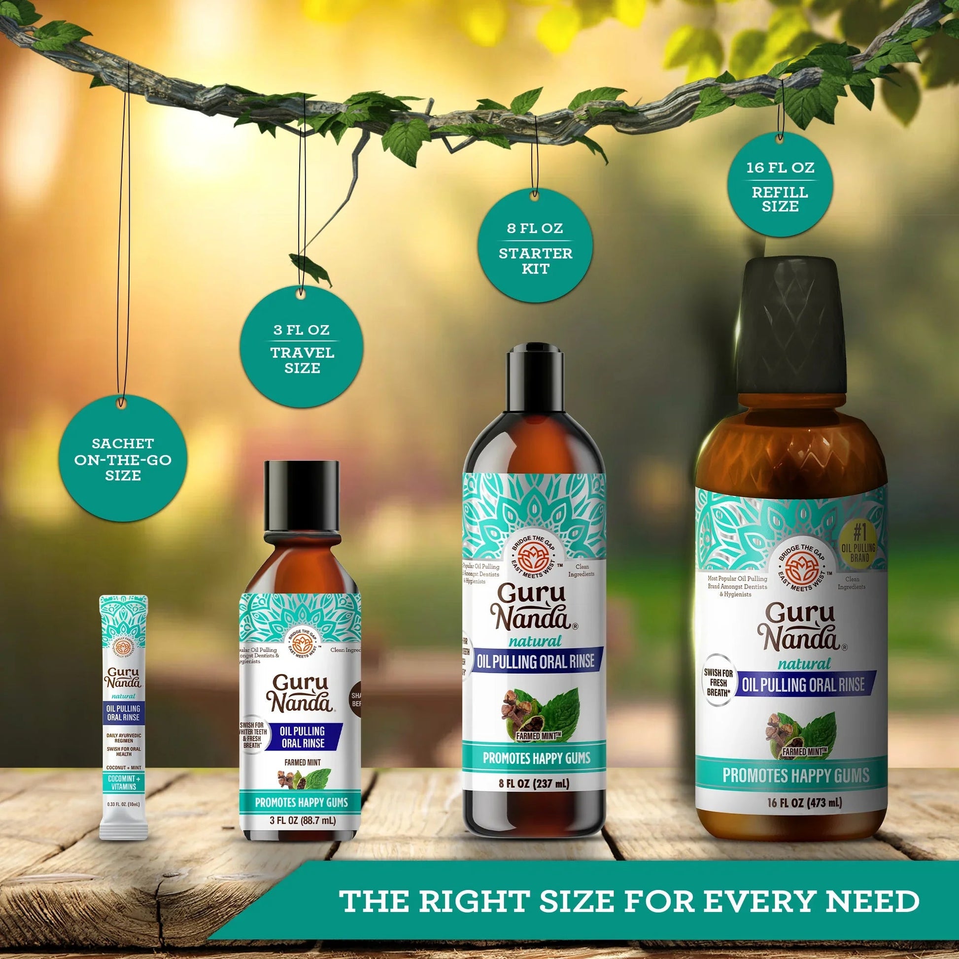 Oil pulling oral rinse set with amber bottle, black cap, and teal label in multiple sizes