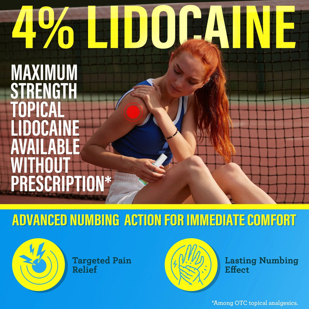 Lidocaine pain relief spray in use on a person’s shoulder, handheld spray