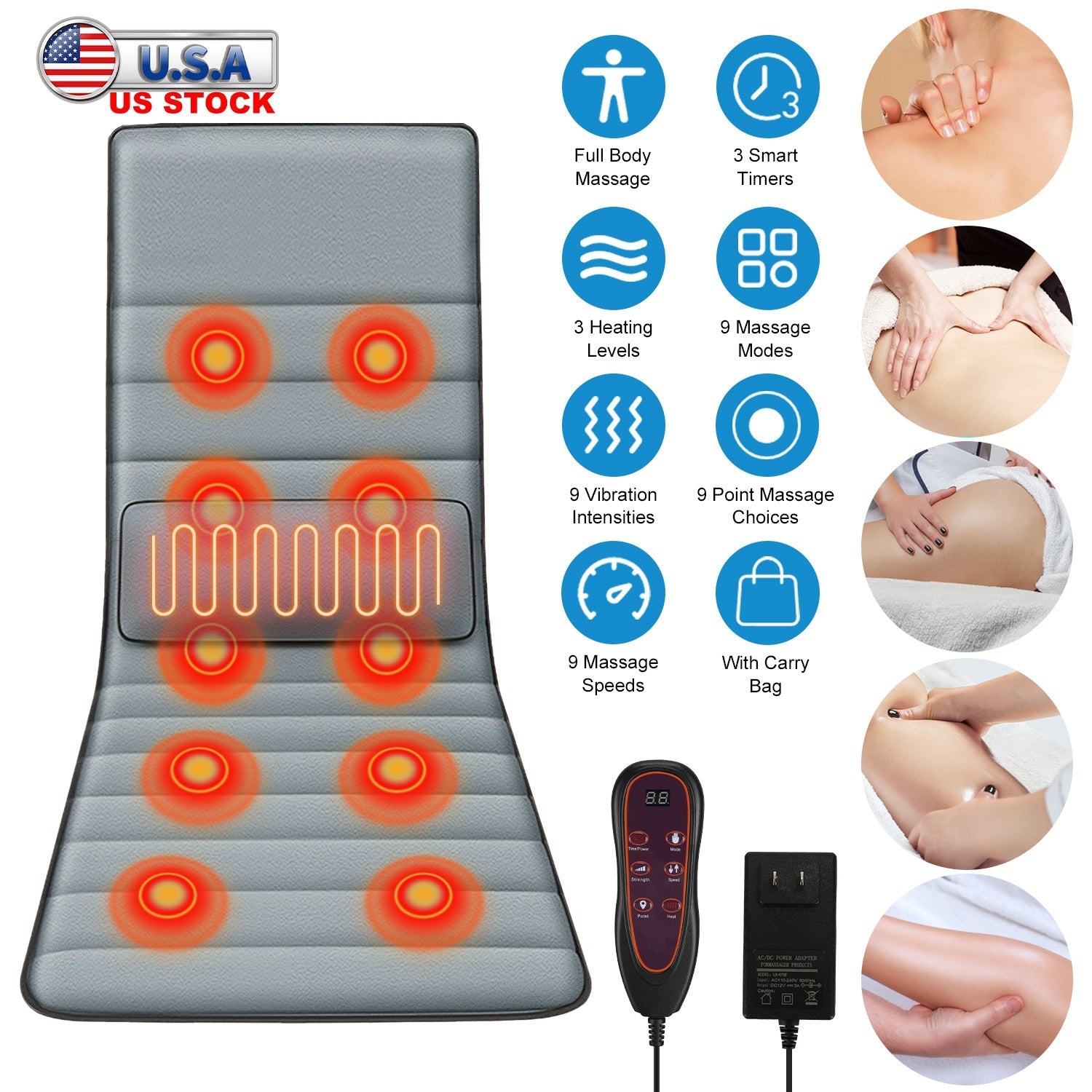 Grey full-body massage mat with red heat patterns, remote control, and two power adapters.