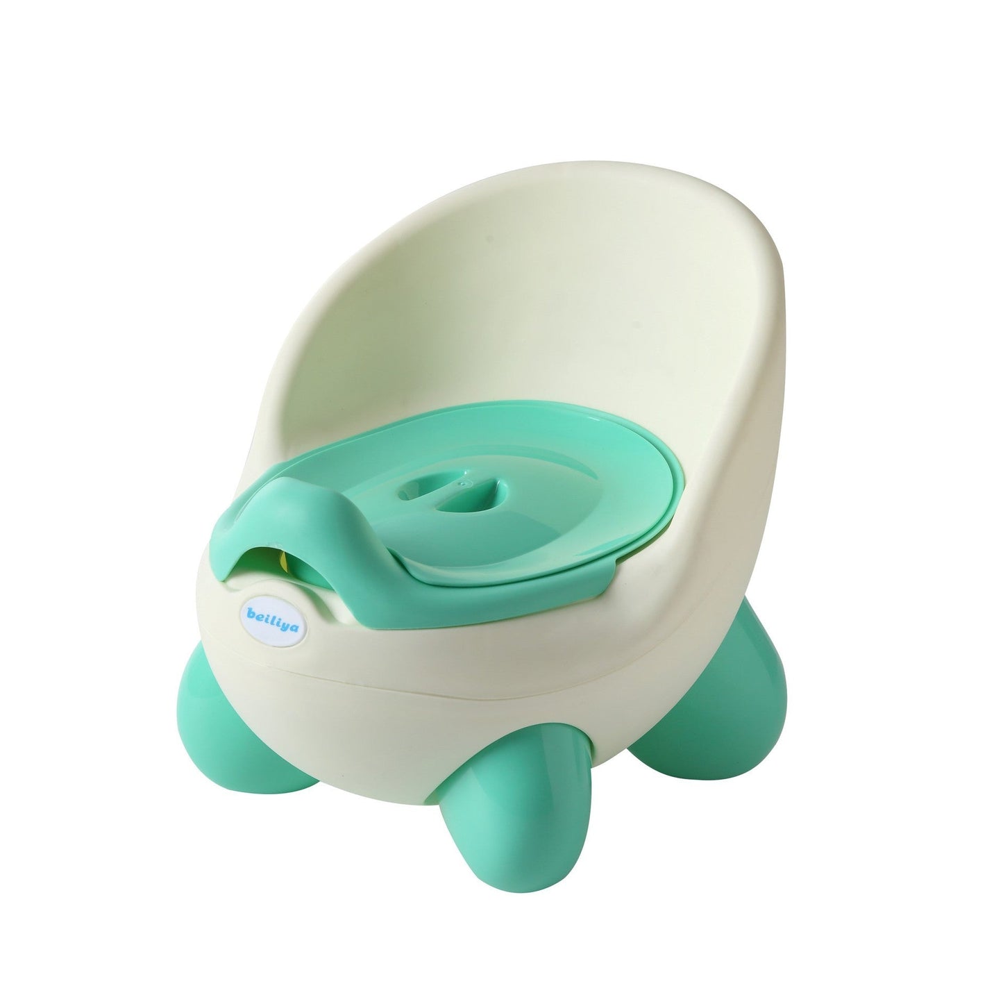 Kids cartoon potty stool in white and light green with teal seat insert and three feet