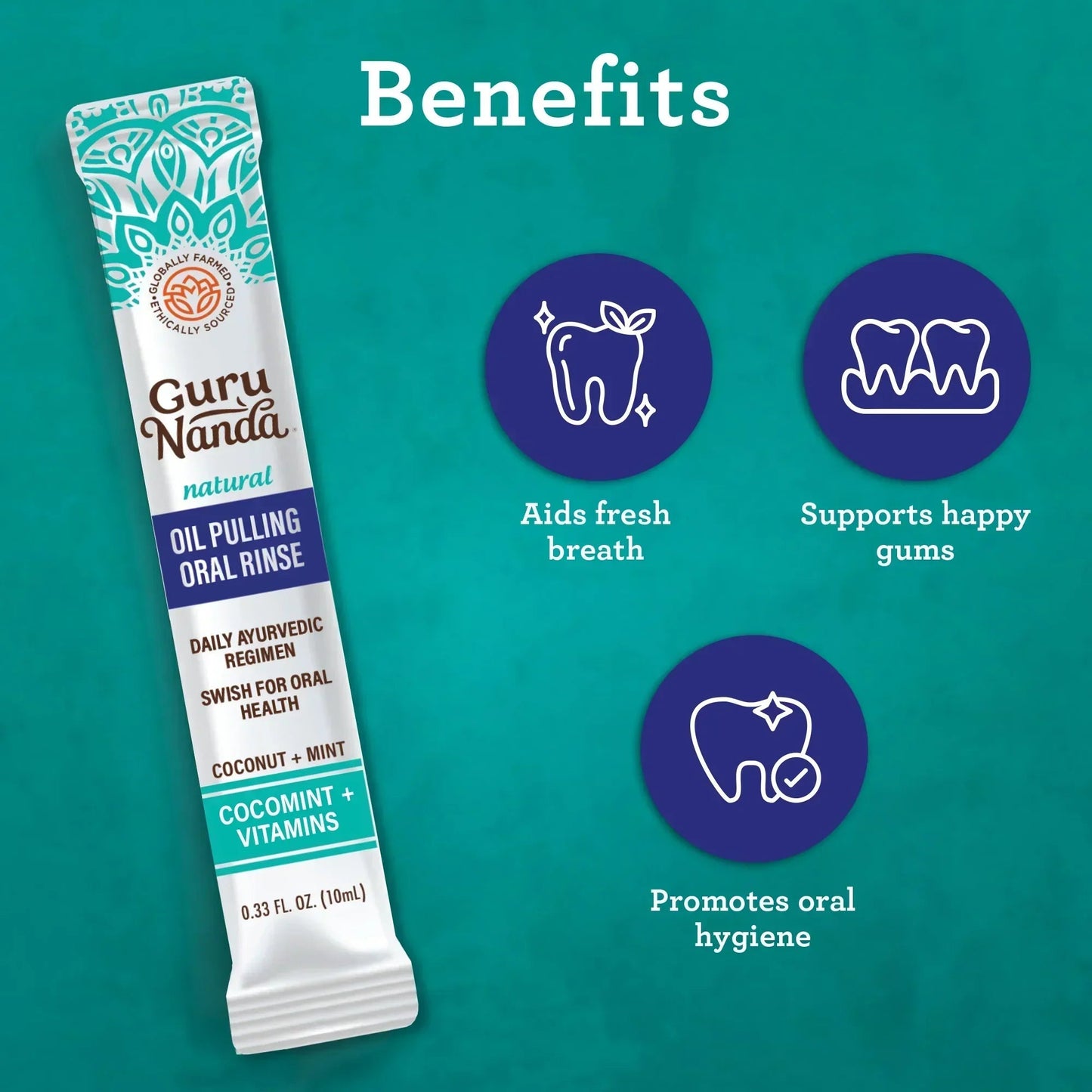 Guru Nanda oil pulling oral rinse sachet with benefit icons for fresh breath
