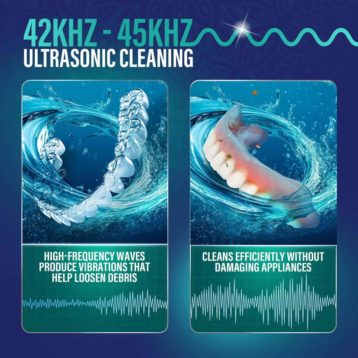Ultrasonic cleaning pod illustration showing water waves cleaning dental appliances.