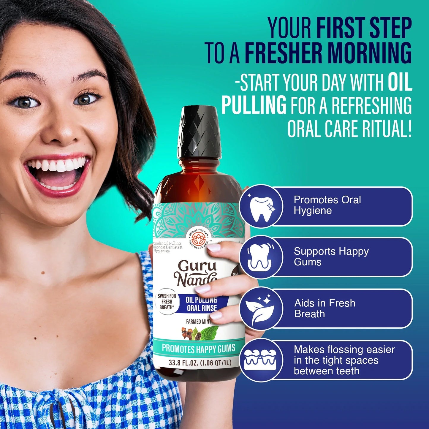 Guru Nanda oil pulling oral rinse bottle with smiling woman holding it