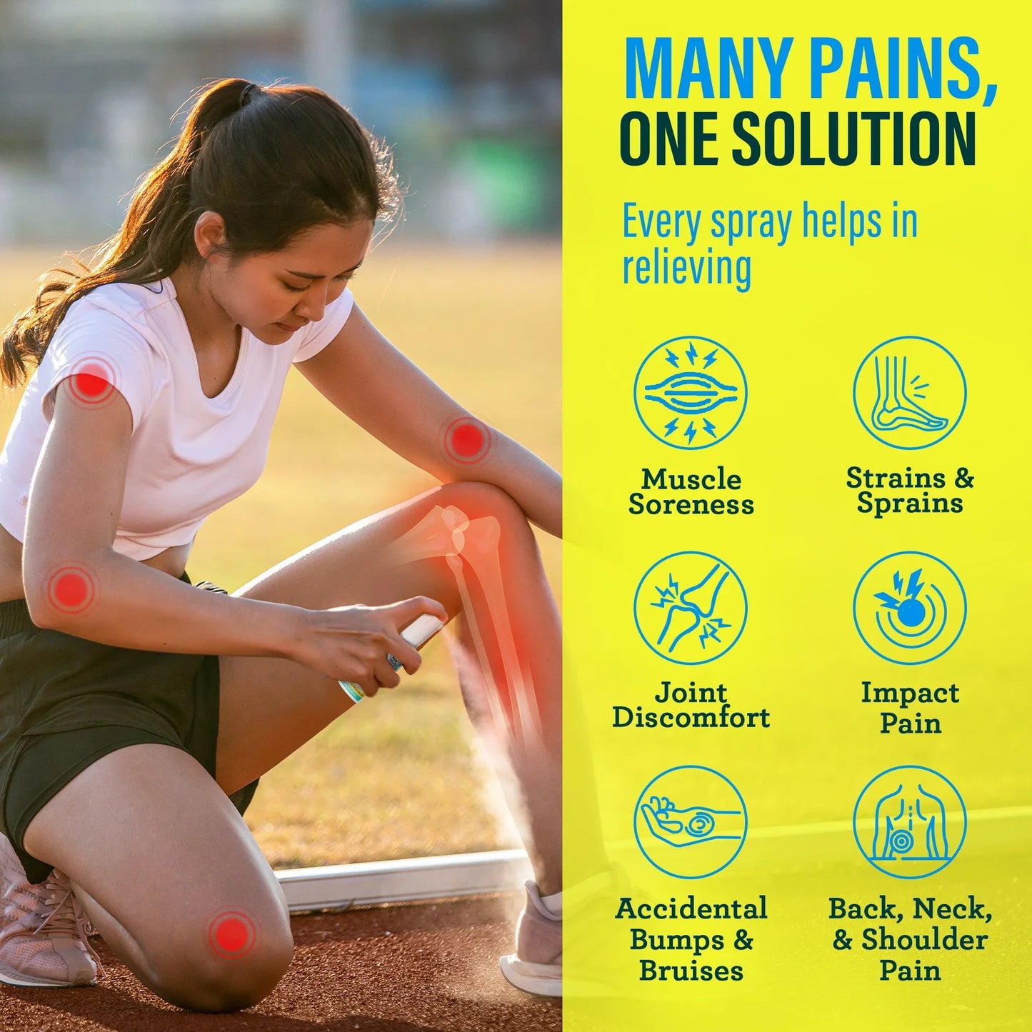 Lidocaine pain relief spray bottle with magnesium, shown in use on arm