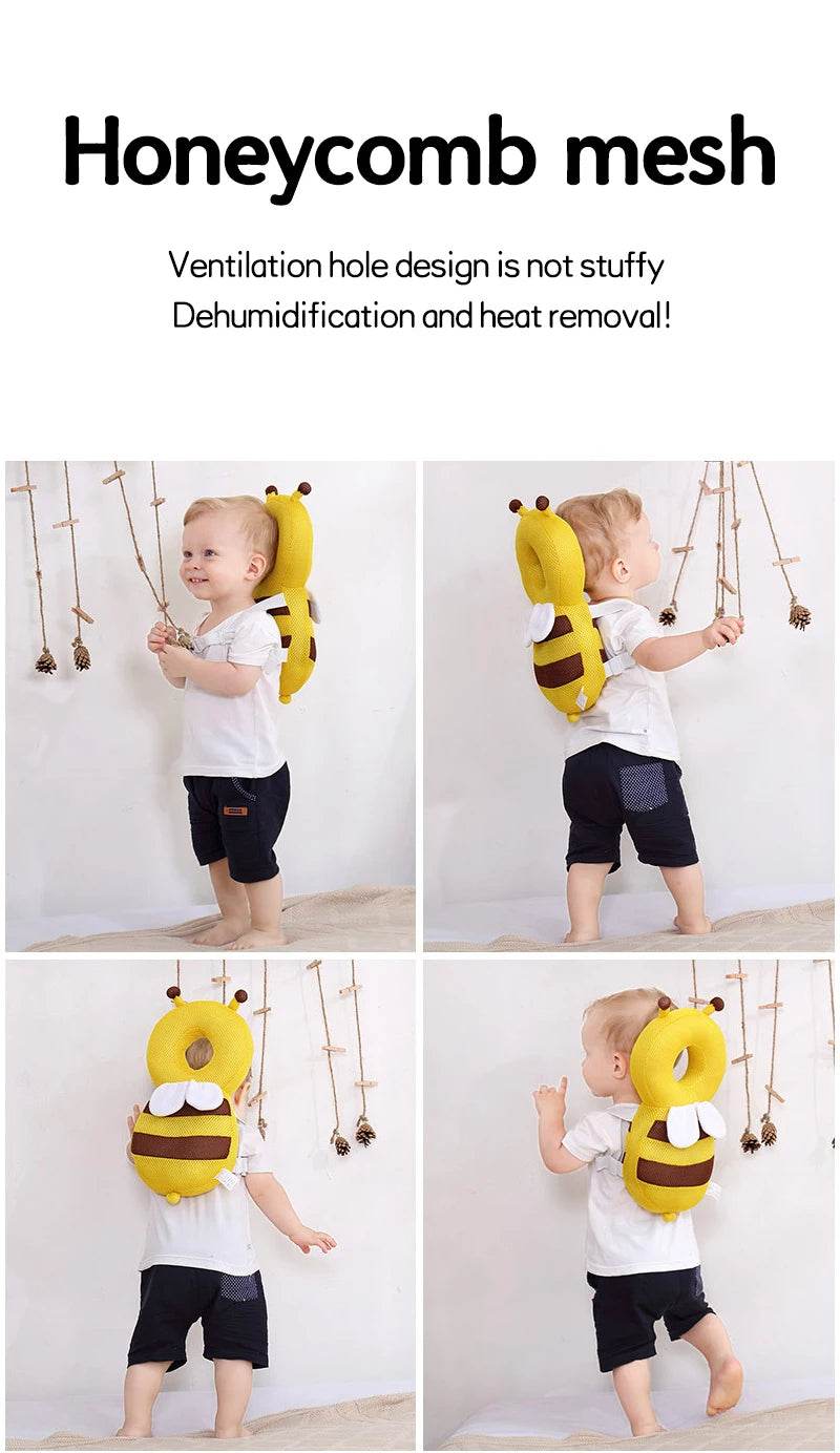 Bee head protection cushion worn on a toddler, round opening and white wings