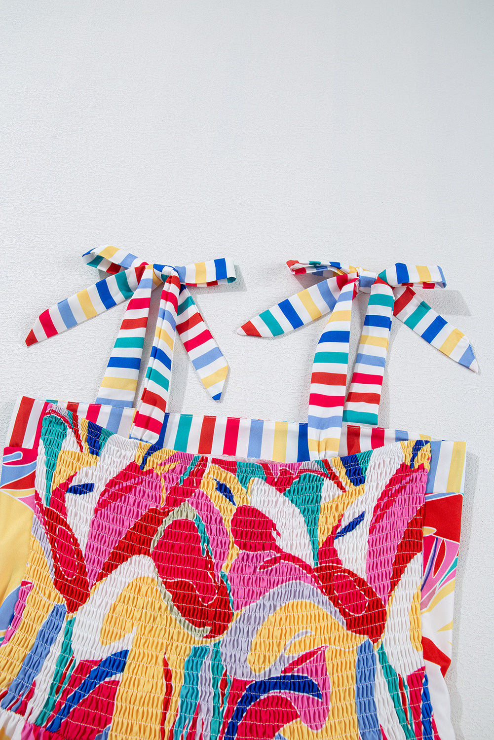 Multicolor maxi sundress with gathered neckline and striped tie straps