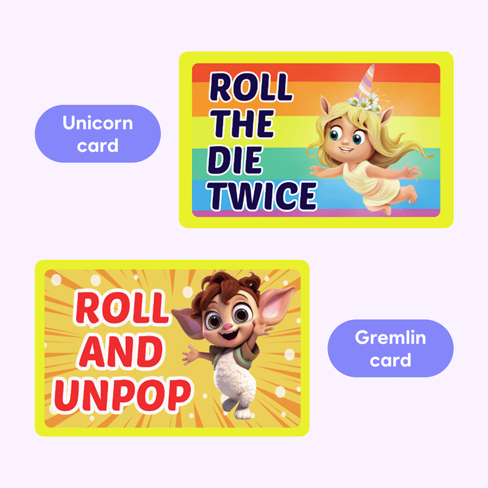 Learning card set with unicorn card and gremlin card for roll and unpop gameplay