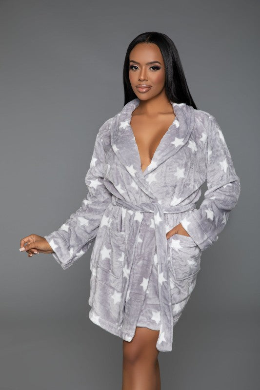 Light gray star-print robe with tie belt, shawl collar, long sleeves, and side pockets