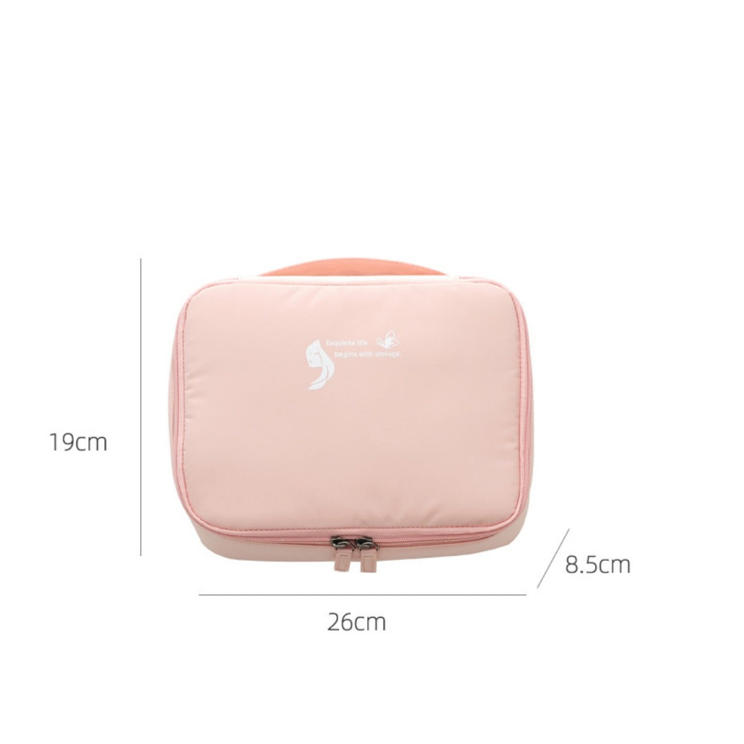 Light pink square waterproof cosmetic bag with zipper and carry handle, compact