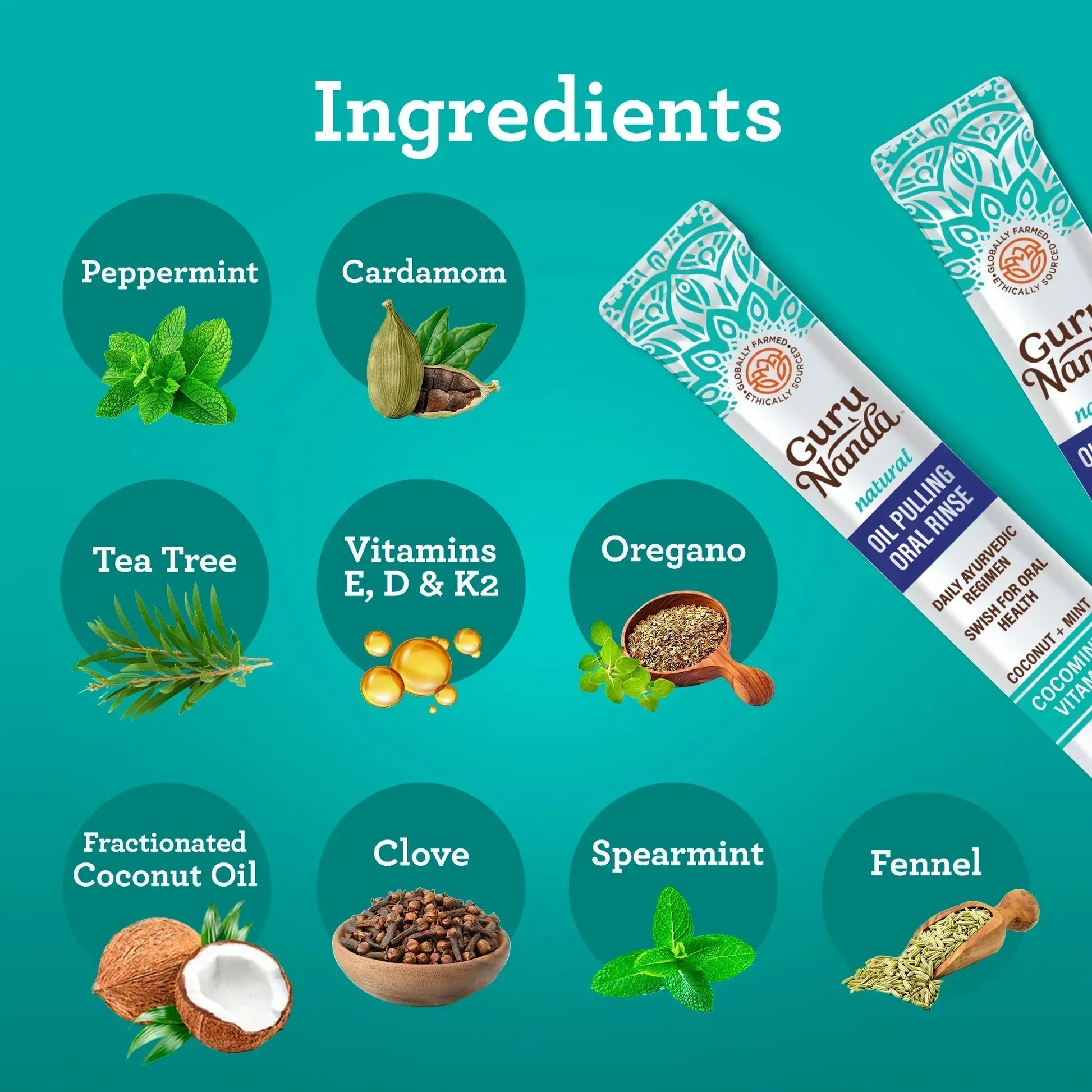 Oil pulling oral rinse sachet with ingredient icons, including oregano and clove