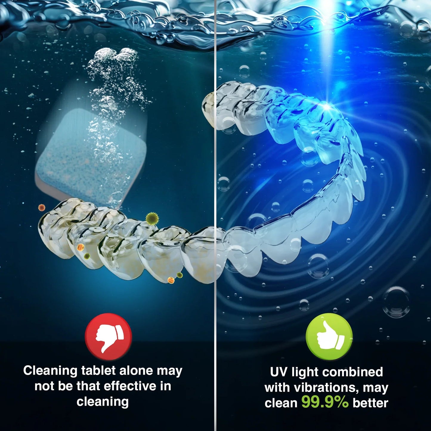 Ultrasonic cleaning pod benefits illustration: tablet cleaning and UV sanitizing, split view.