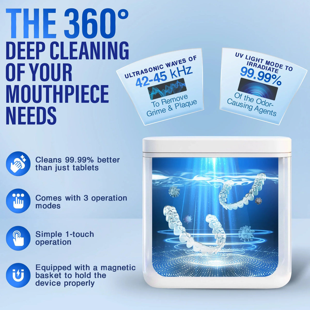 White ultrasonic cleaner pod with 3 operating modes and UV light icon