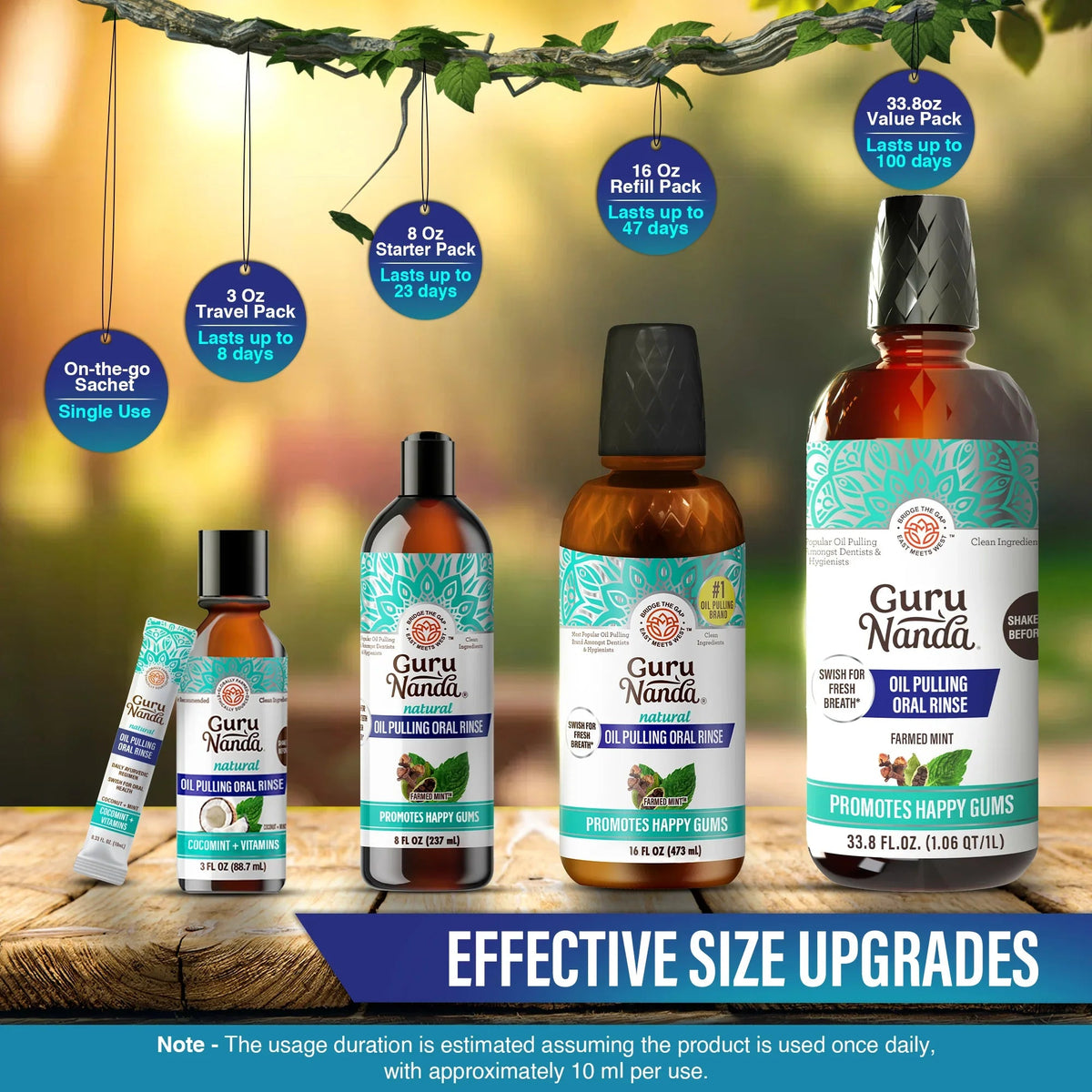 Oil pulling oral rinse multi-pack with several amber bottles and black caps for different refills