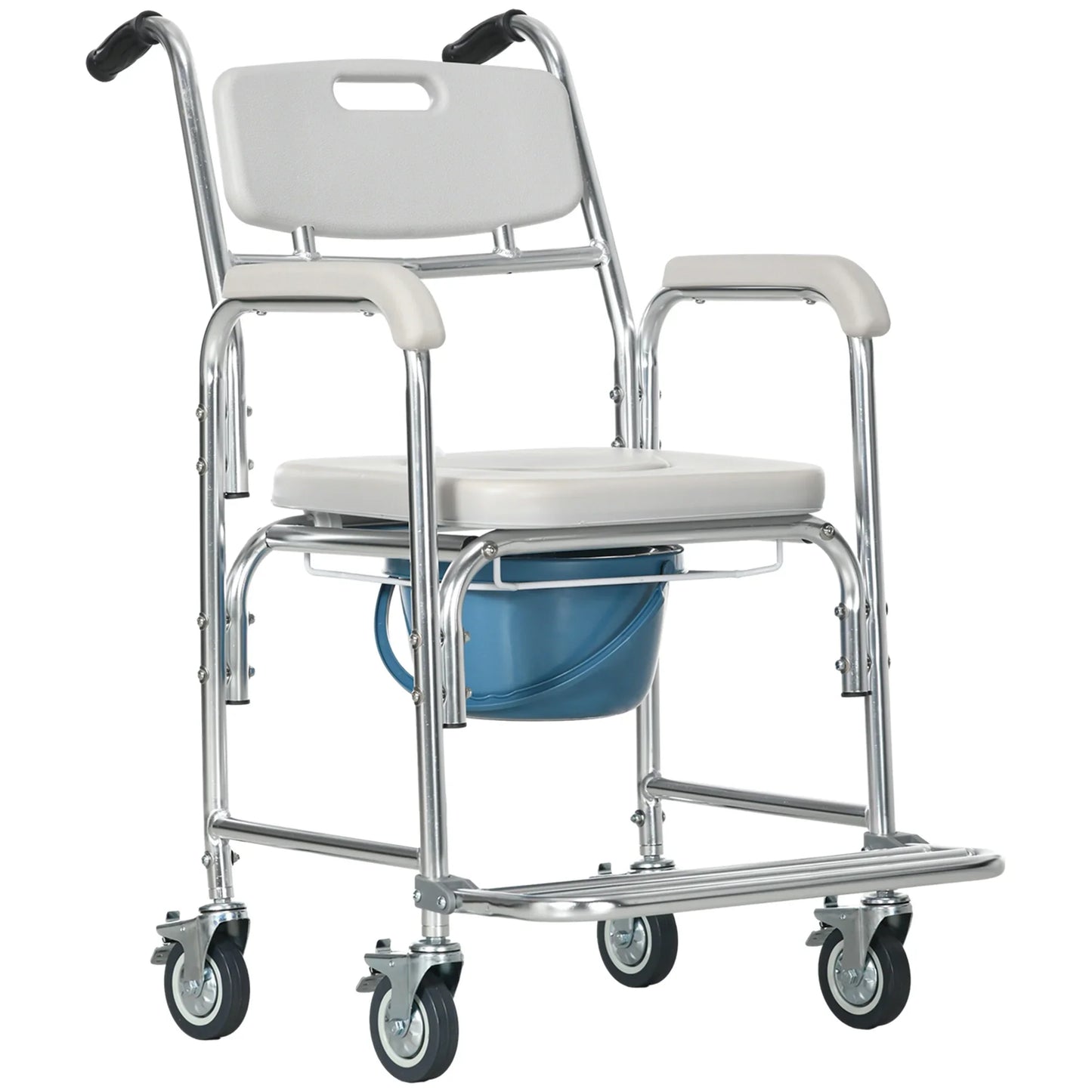 Front view of shower commode wheelchair with padded seat, armrests, and caster wheels