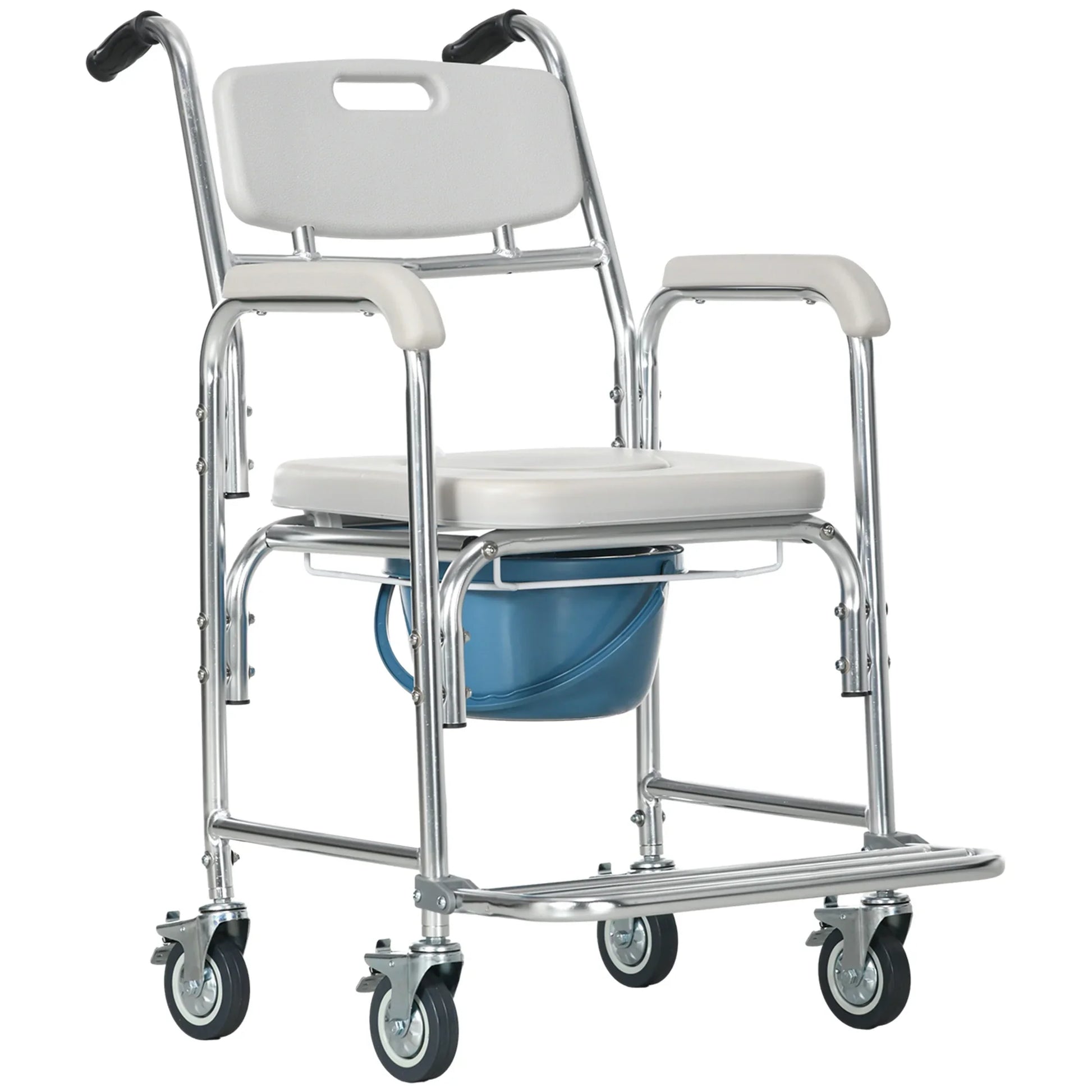 Front view of shower commode wheelchair with padded seat, armrests, and caster wheels