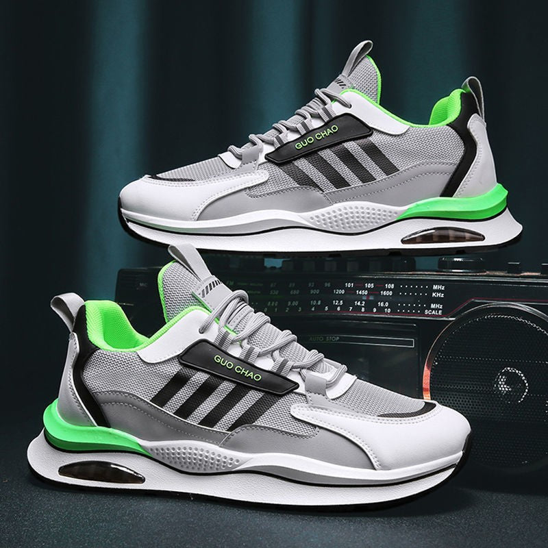 Breathable mesh sneakers in white and gray with neon green collar and outsole