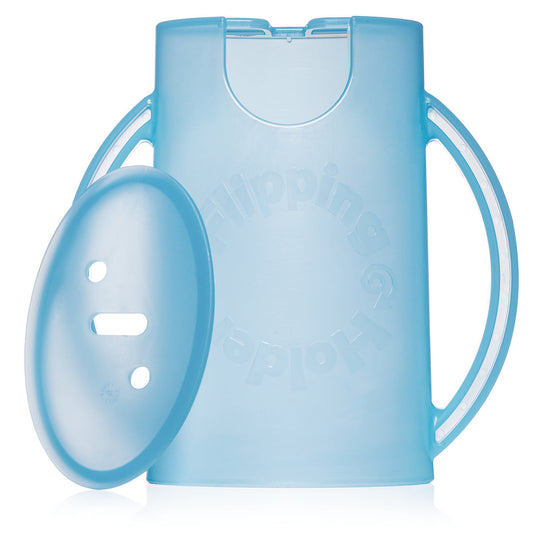 Blue plastic flipping pouch holder with hinged lid and side handles