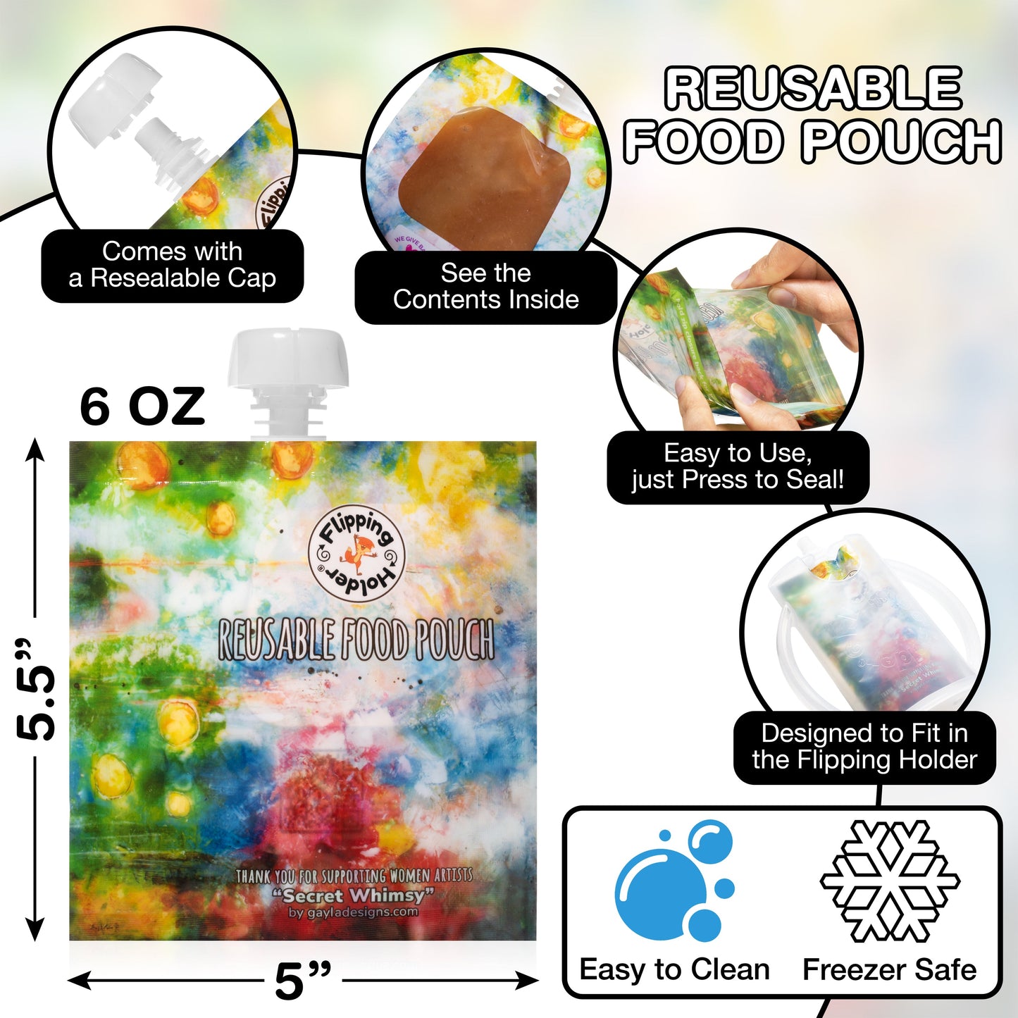 Reusable food pouch with white cap, colorful watercolor front design