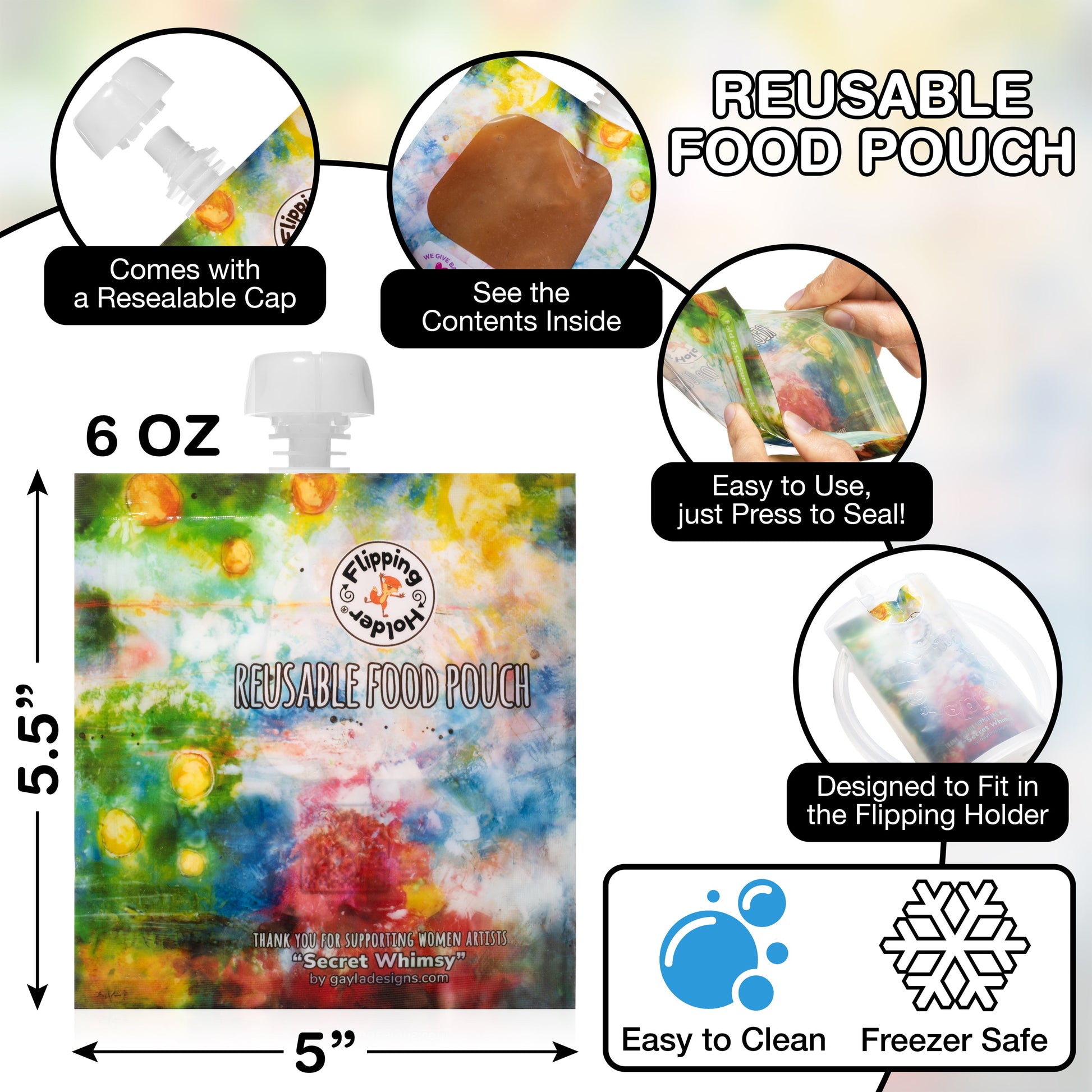 Reusable food pouch with white cap, colorful watercolor front design