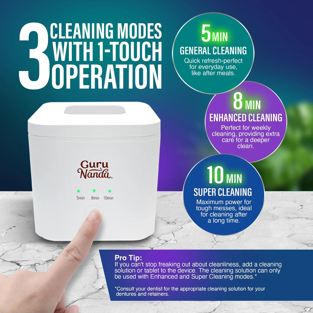 Ultrasonic cleaning pod with one-touch operation buttons, white base and open lid.