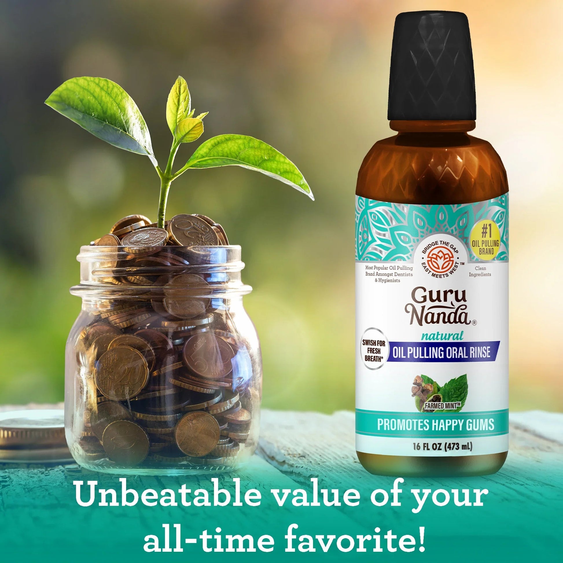 Guru Nanda oil pulling oral rinse bottle with amber liquid and teal patterned label
