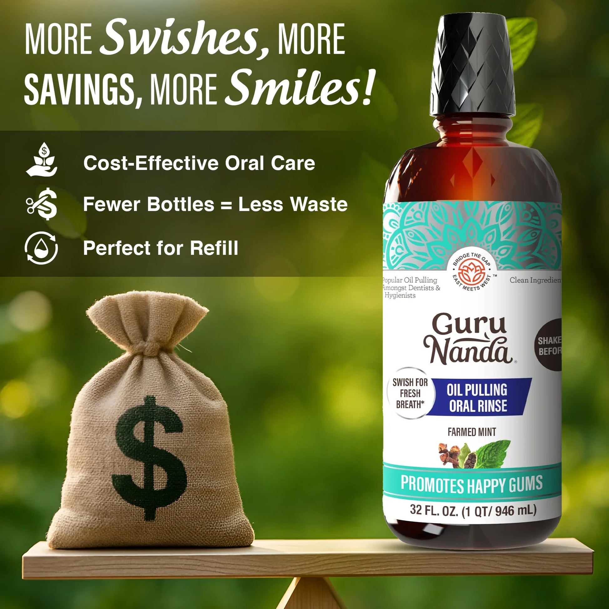 Guru Nanda oil pulling oral rinse bottle beside a refill-style pouch