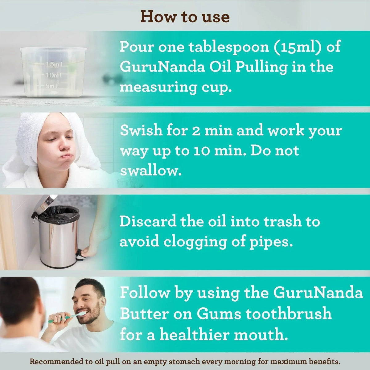 Guru Nanda oil pulling oral rinse bottle near measuring cup and sink-style instructions