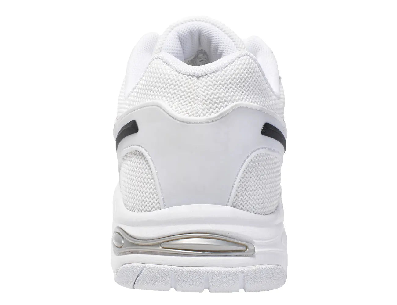 Men's walking shoe, white cushioned collar and heel pull with textured panels and air sole