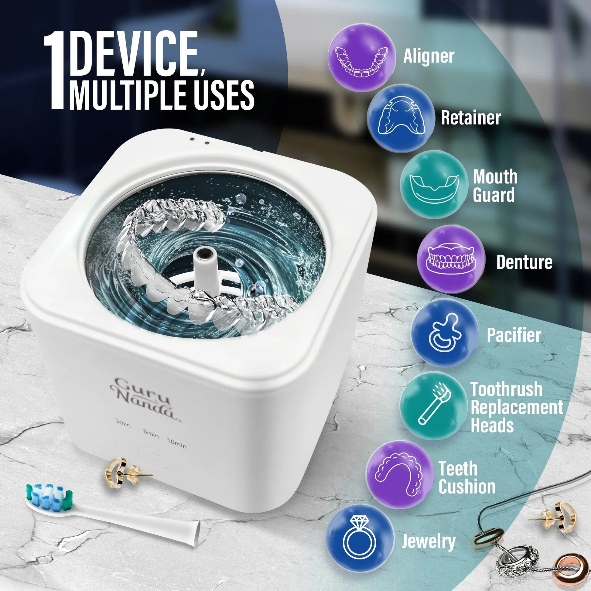 Ultrasonic retainer and denture cleaning pod with basin of water, white housing.