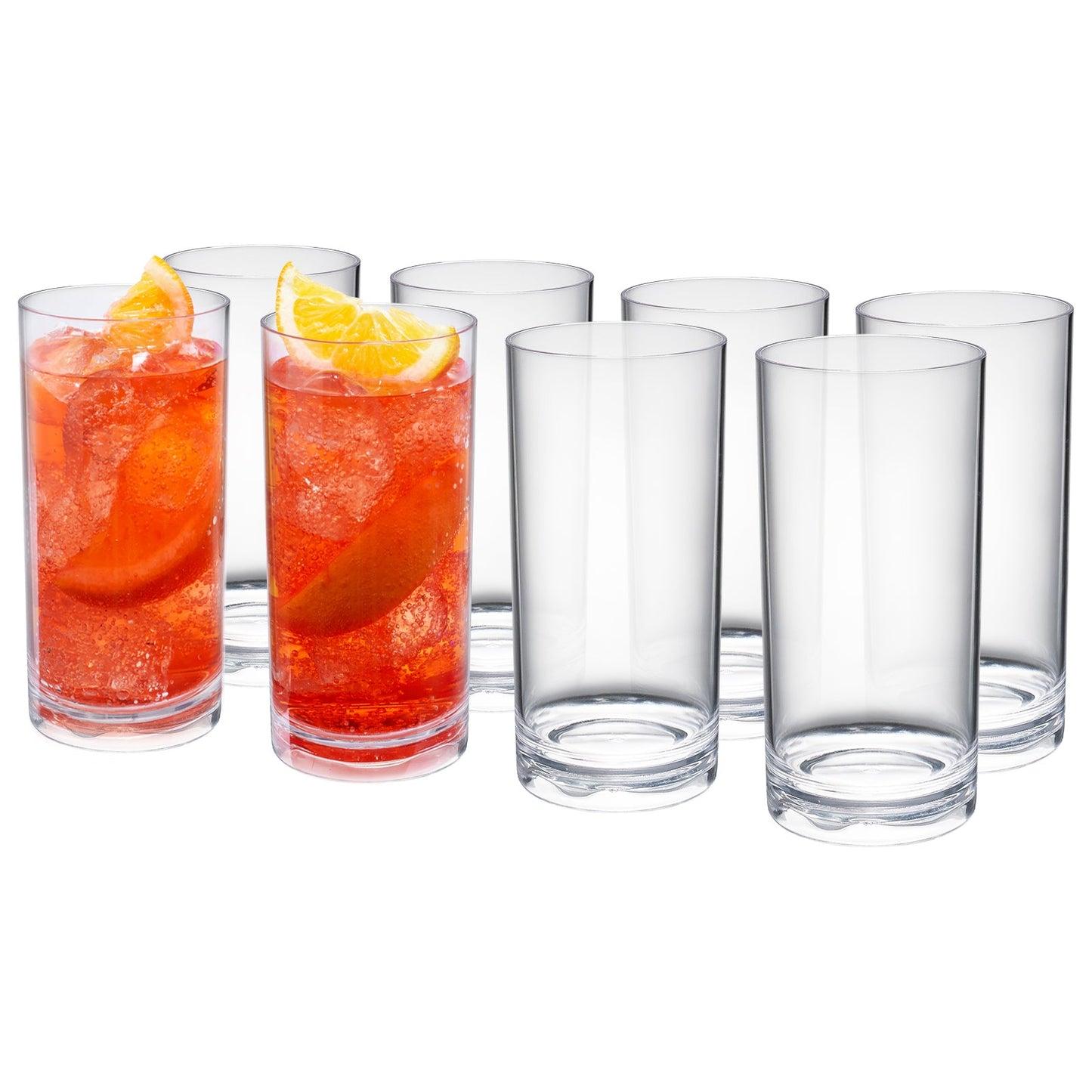Set of acrylic highball glasses: two with red drink and citrus, six clear